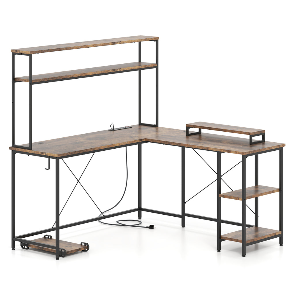 L-Shaped Reversible Gaming Desk with LED Strip and Power Outlets
