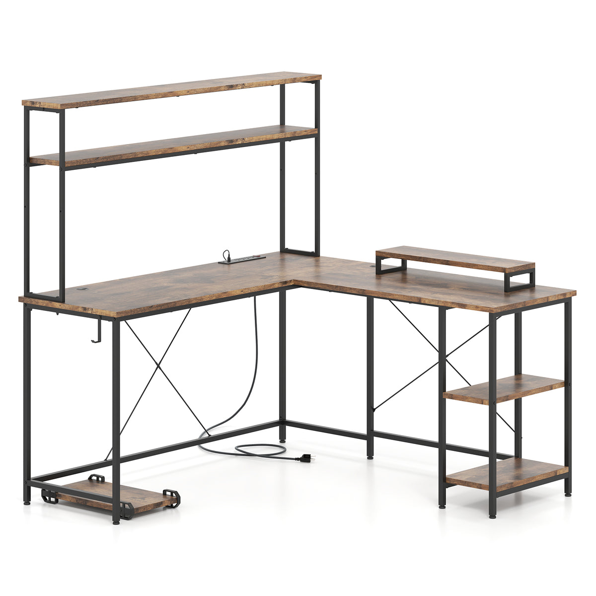 L-Shaped Reversible Gaming Desk with LED Strip and Power Outlets