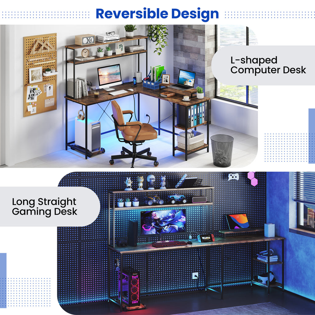 L-Shaped Reversible Gaming Desk with LED Strip and Power Outlets
