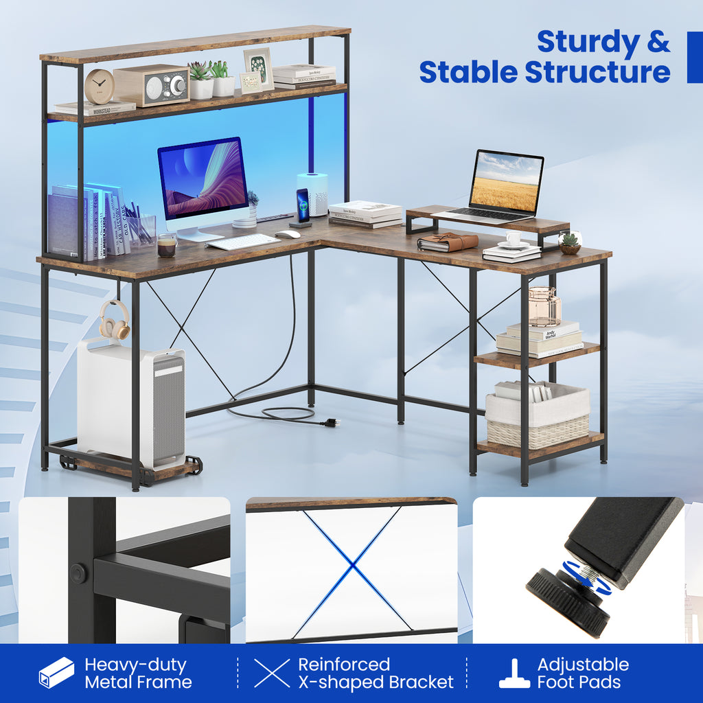 L-Shaped Reversible Gaming Desk with LED Strip and Power Outlets