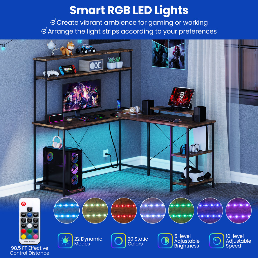 L-Shaped Reversible Gaming Desk with LED Strip and Power Outlets