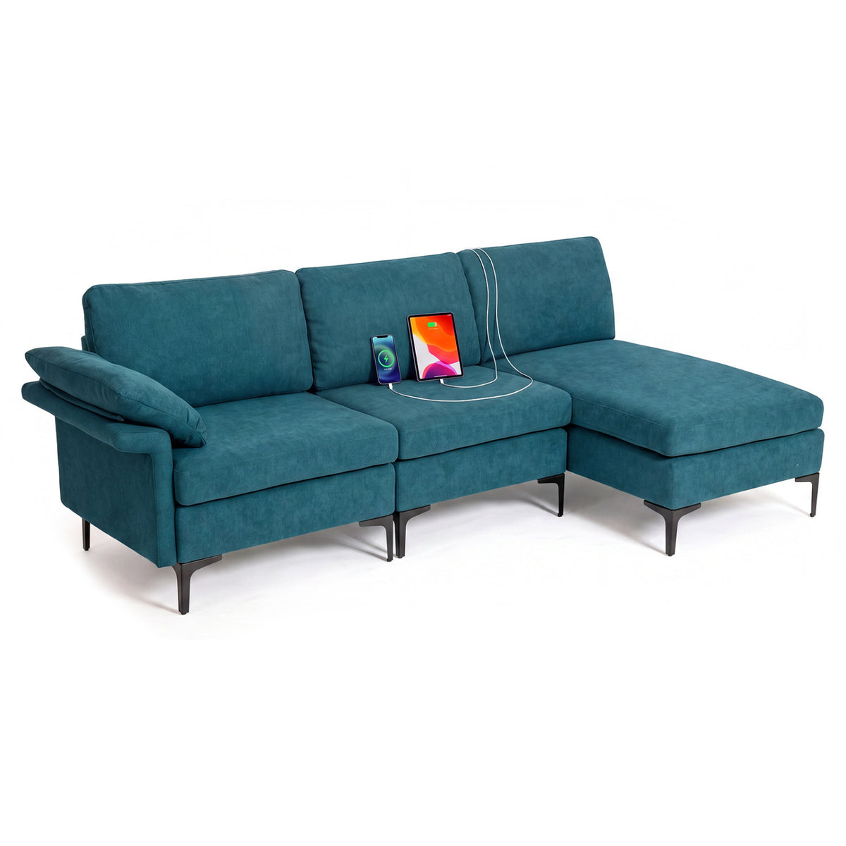 L-Shaped Sectional Sofa with USB Ports & Storage - Turquoise