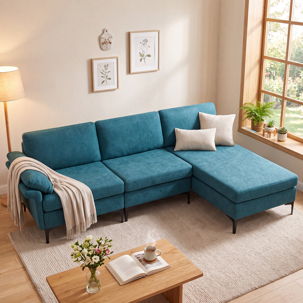 L-Shaped Sectional Sofa with USB Ports & Storage - Turquoise