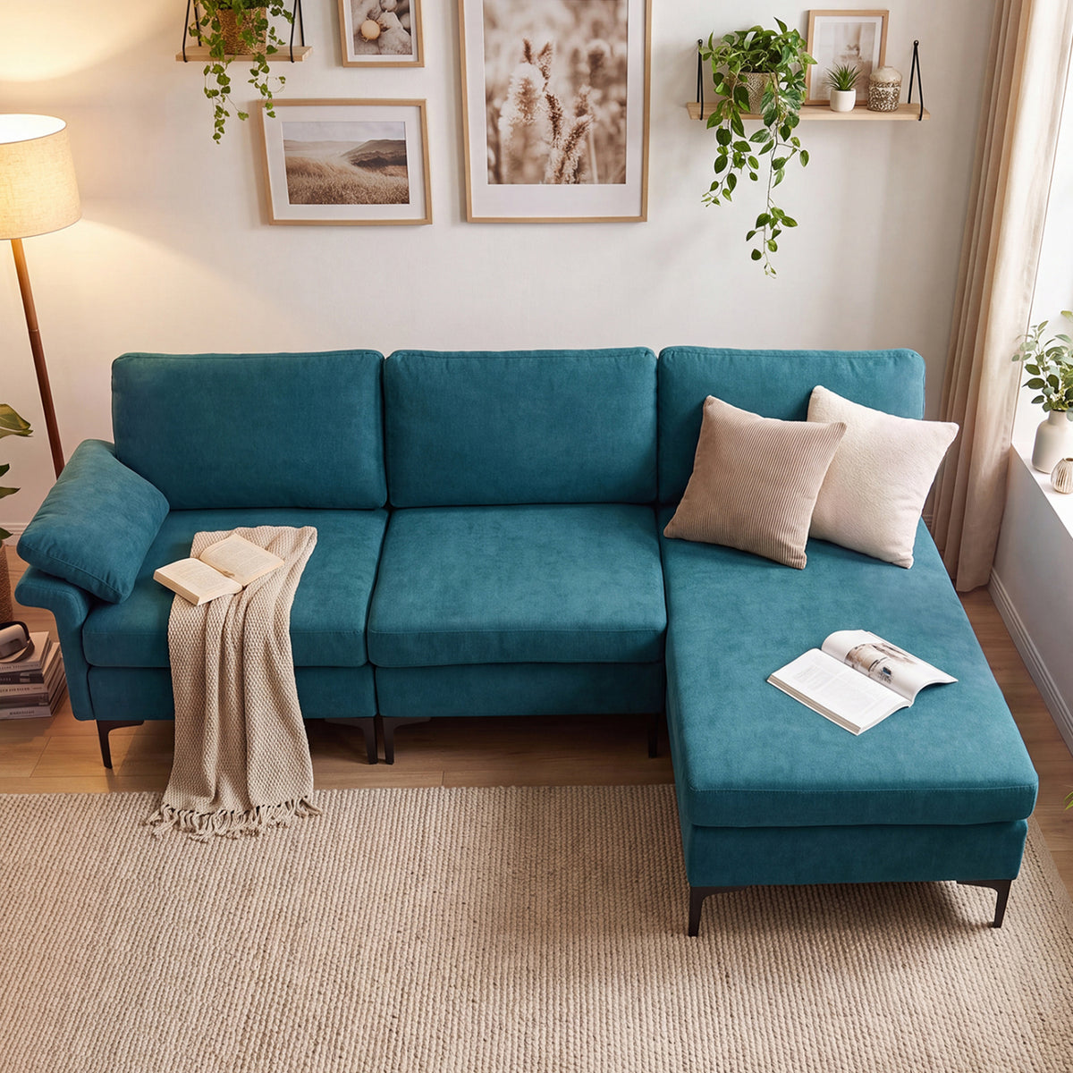 L-Shaped Sectional Sofa with USB Ports & Storage - Turquoise