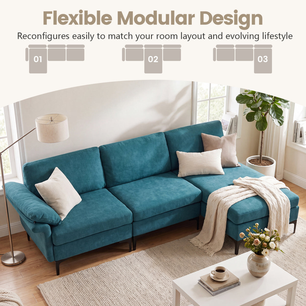 L-Shaped Sectional Sofa with USB Ports & Storage - Turquoise