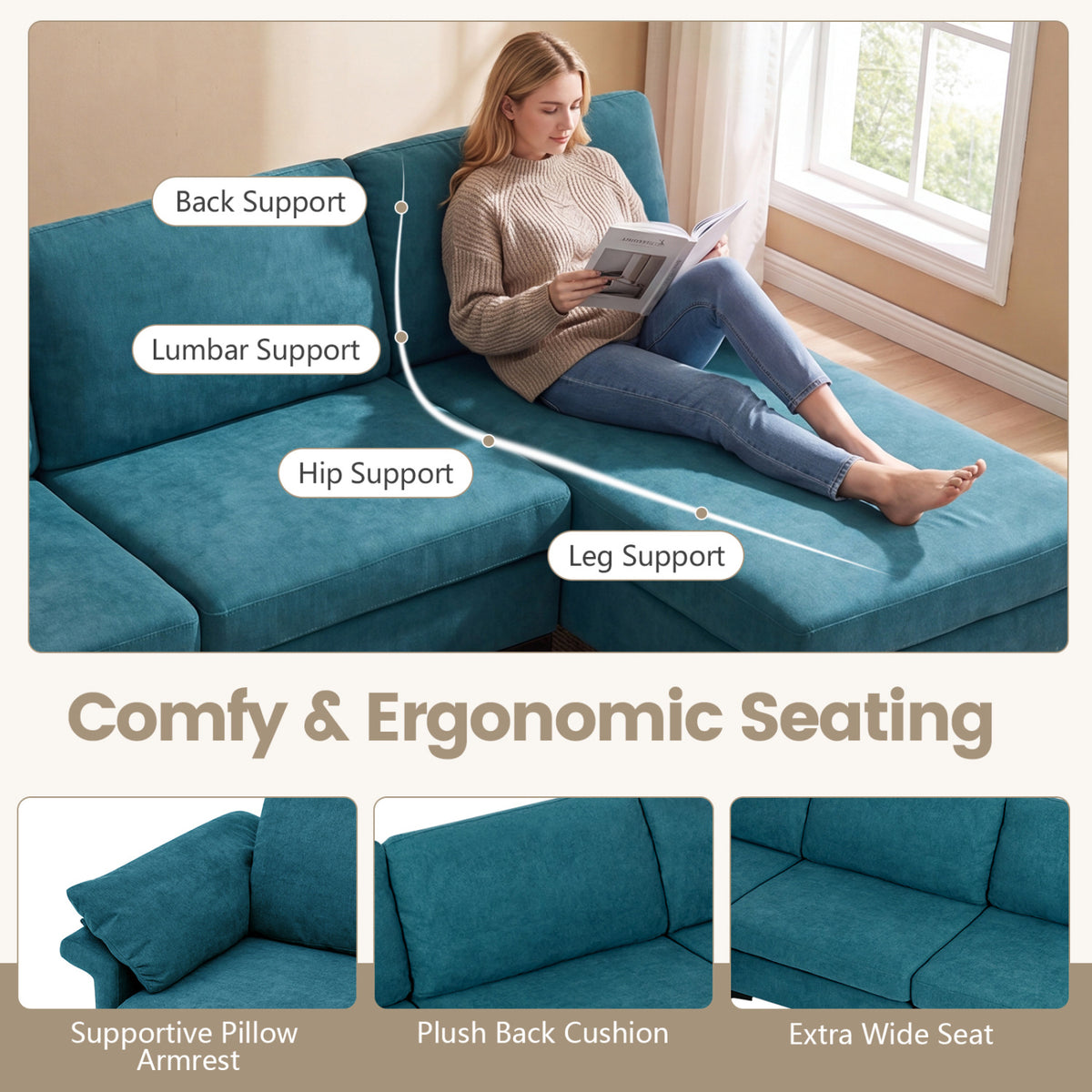 L-Shaped Sectional Sofa with USB Ports & Storage - Turquoise