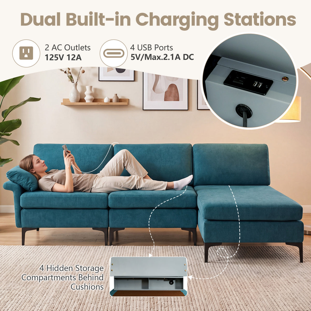 L-Shaped Sectional Sofa with USB Ports & Storage - Turquoise