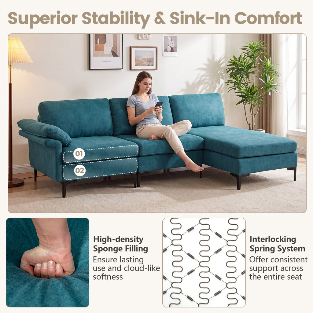L-Shaped Sectional Sofa with USB Ports & Storage - Turquoise