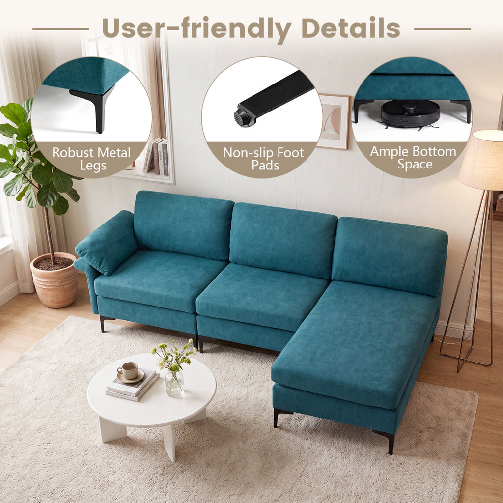 L-Shaped Sectional Sofa with USB Ports & Storage - Turquoise