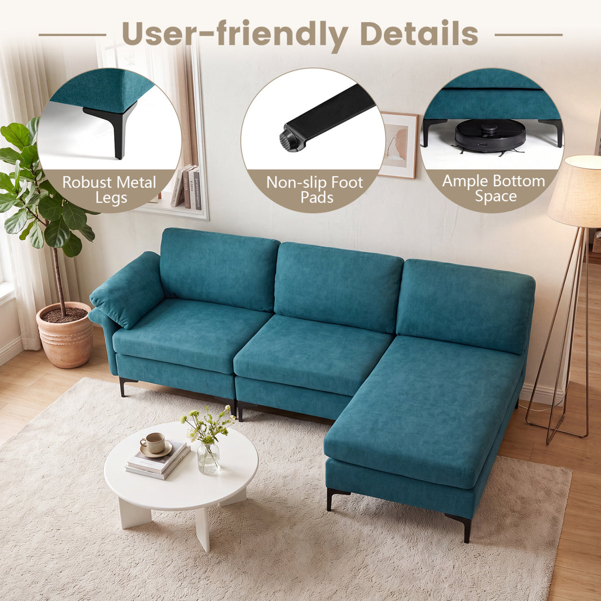 L-Shaped Sectional Sofa with USB Ports & Storage - Turquoise