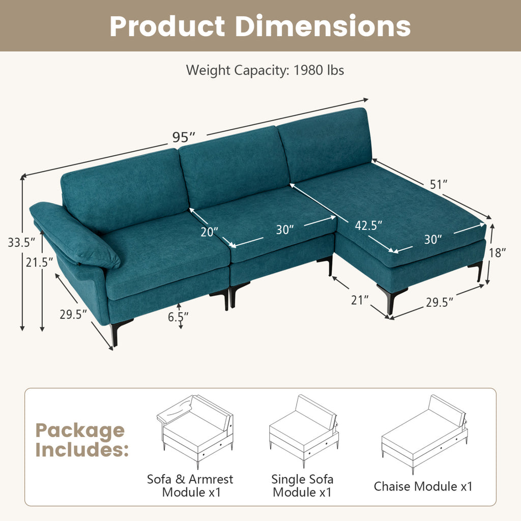 L-Shaped Sectional Sofa with USB Ports & Storage - Turquoise