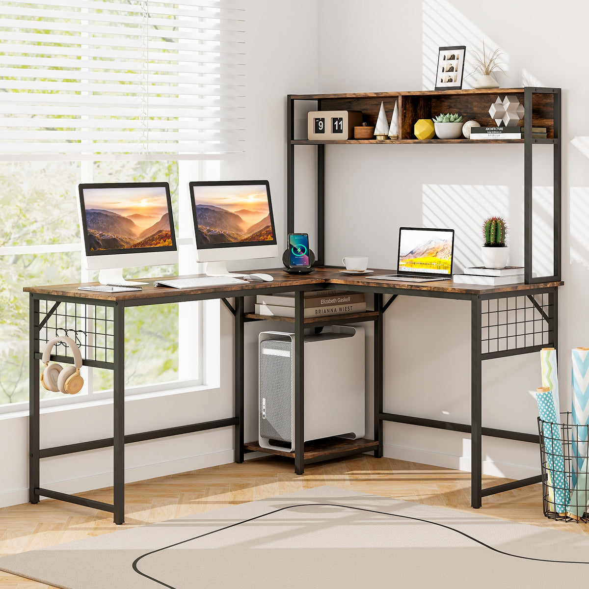 L-Shaped Desk with Power Outlet Hutch - Rustic Brown