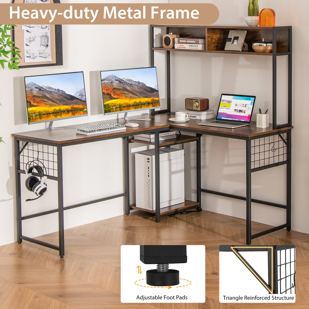 L-Shaped Desk with Power Outlet Hutch - Rustic Brown