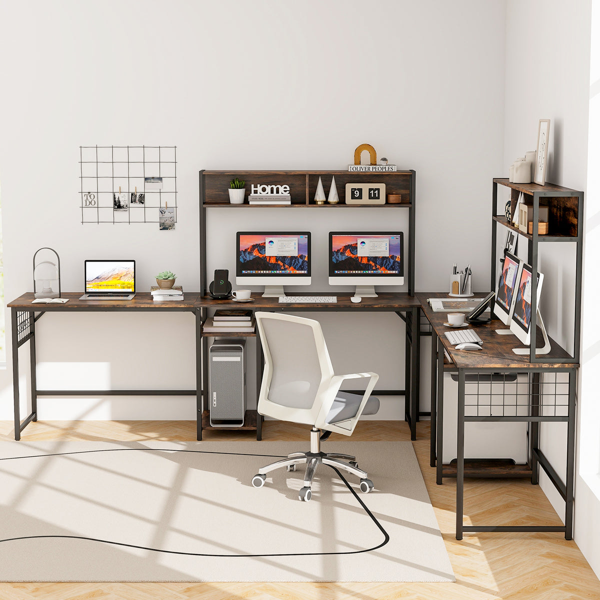 L-Shaped Desk with Power Outlet Hutch - Rustic Brown