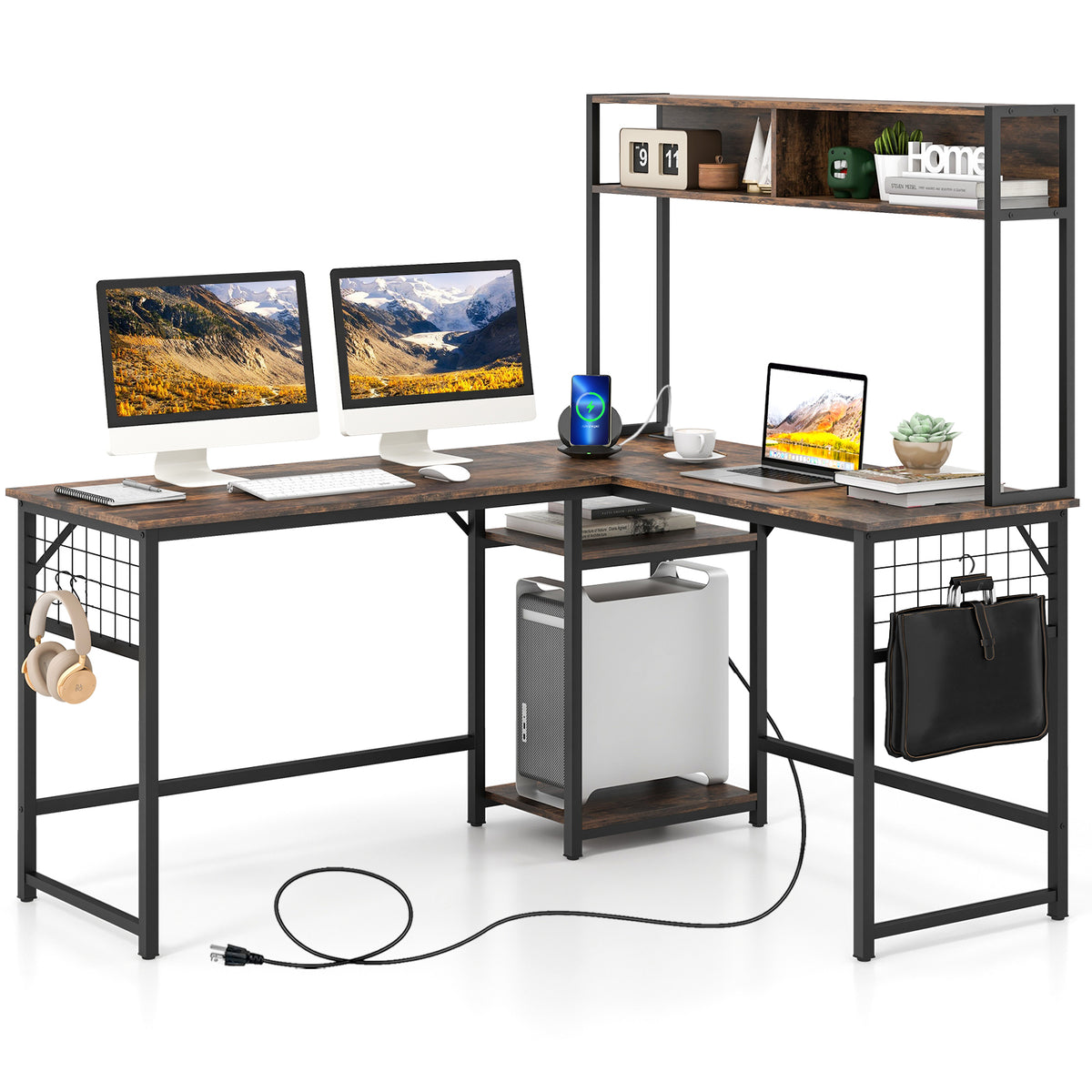 L-Shaped Desk with Power Outlet Hutch - Rustic Brown