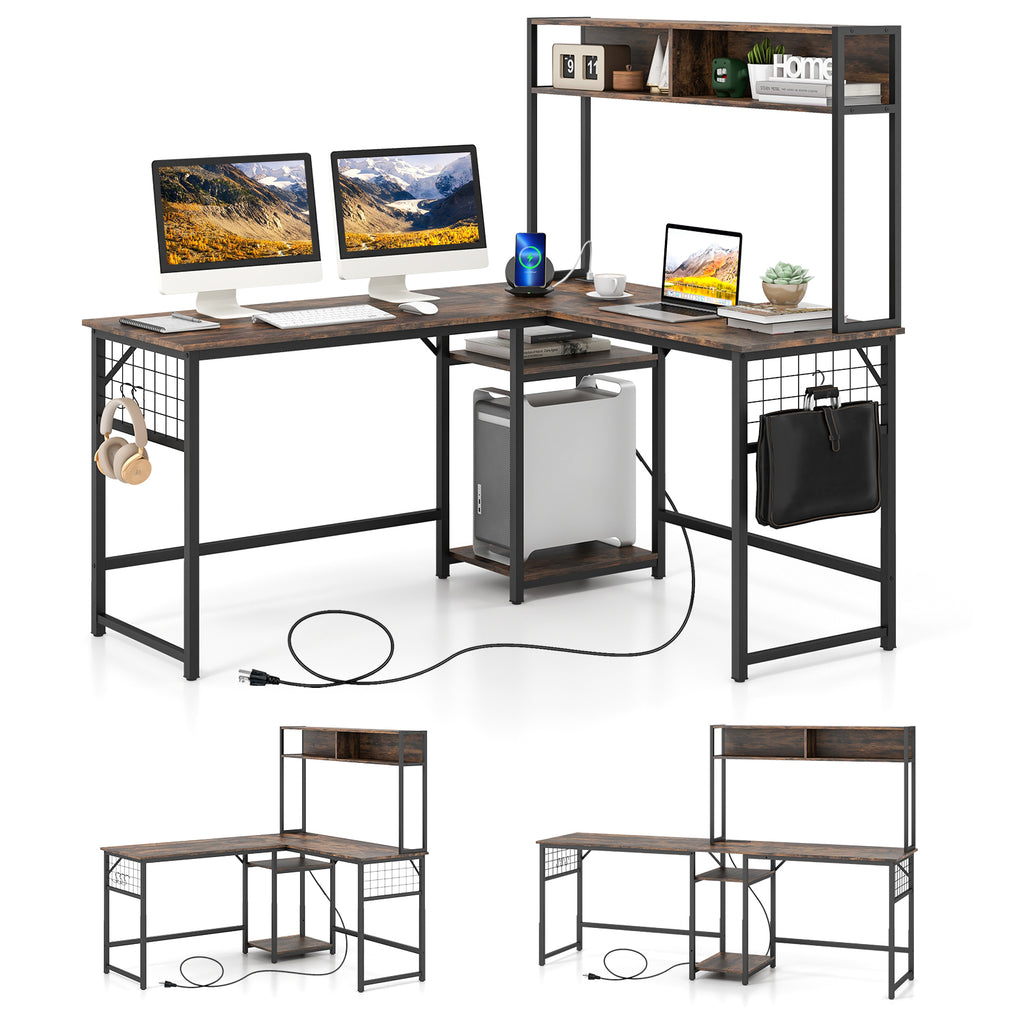 L-Shaped Desk with Power Outlet Hutch - Rustic Brown
