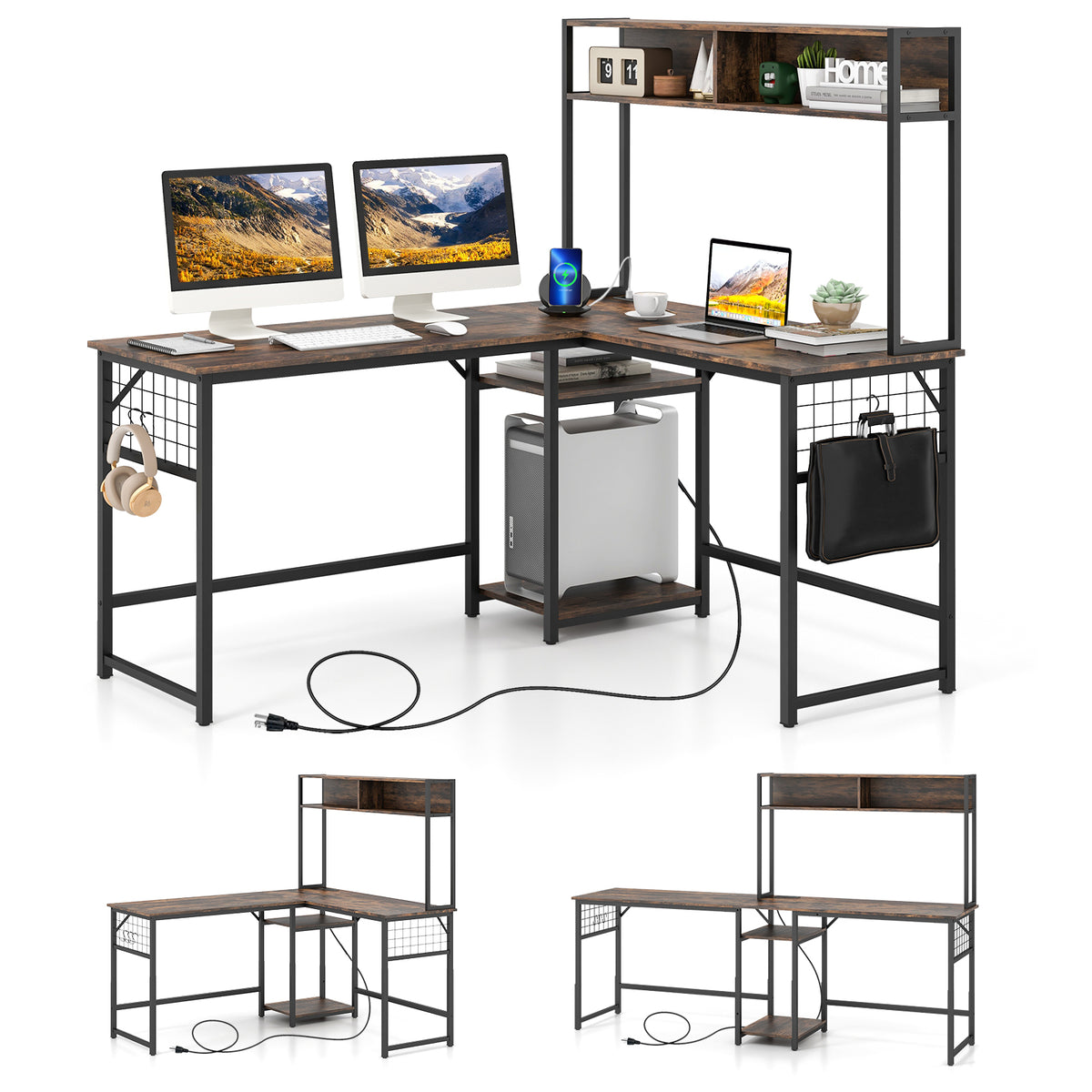 L-Shaped Desk with Power Outlet Hutch - Rustic Brown