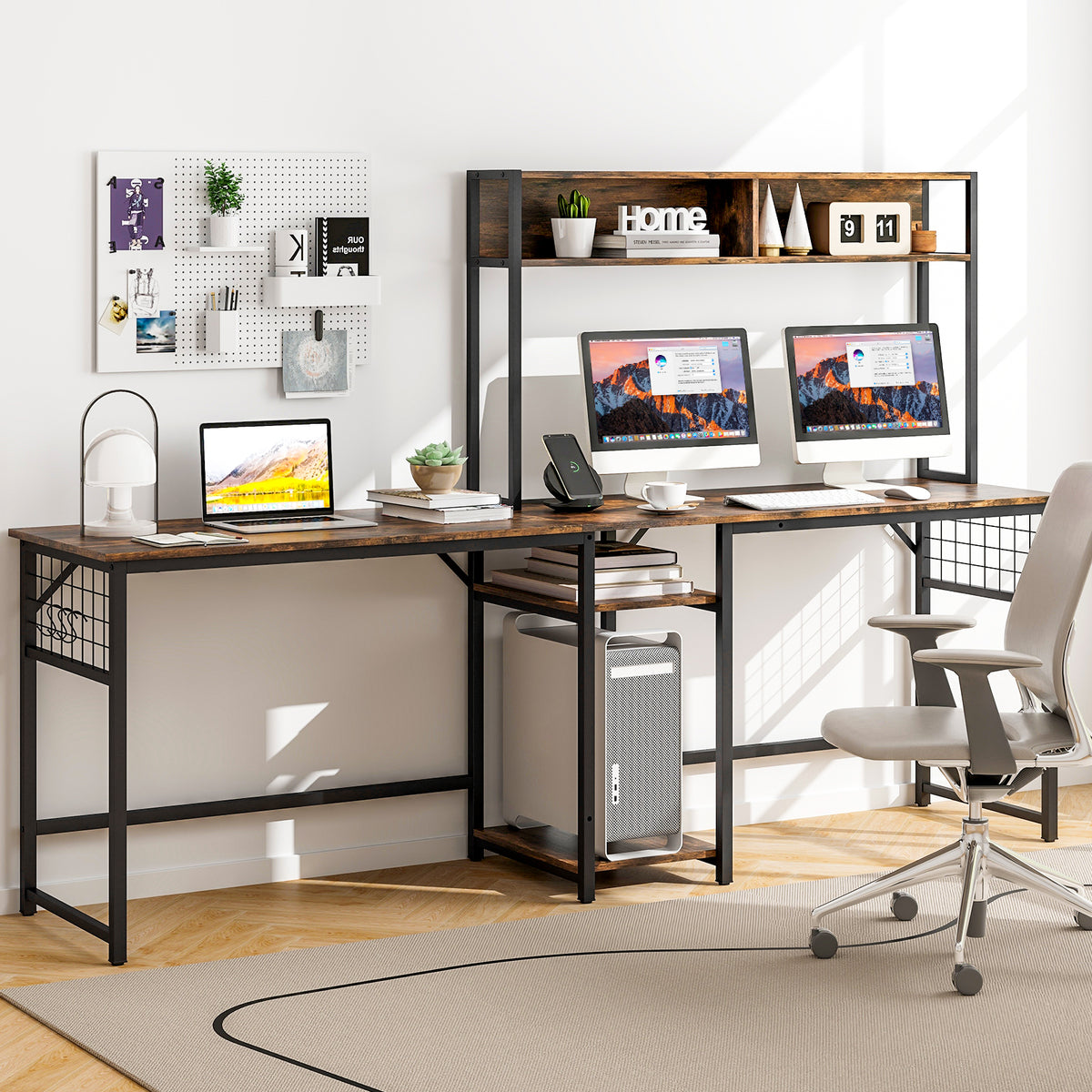 L-Shaped Desk with Power Outlet Hutch - Rustic Brown