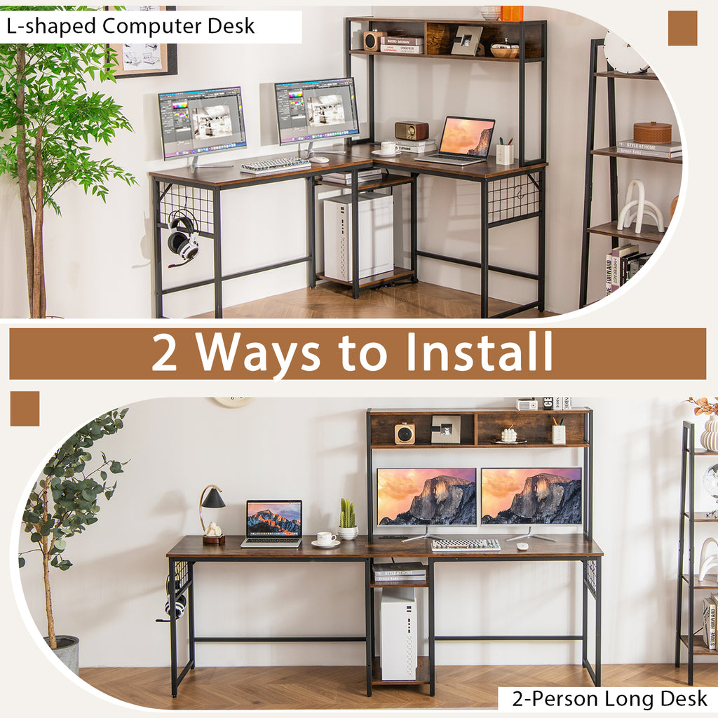 L-Shaped Desk with Power Outlet Hutch - Rustic Brown