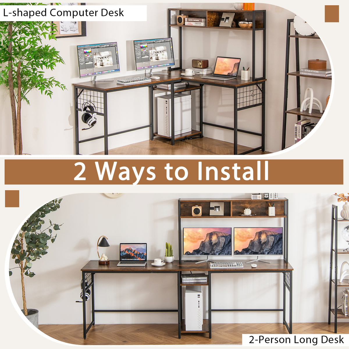 L-Shaped Desk with Power Outlet Hutch - Rustic Brown