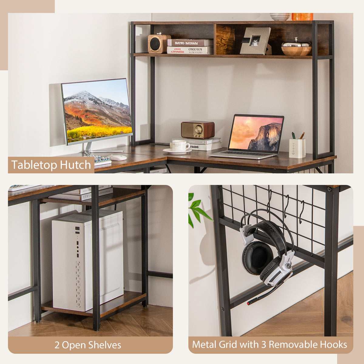 L-Shaped Desk with Power Outlet Hutch - Rustic Brown