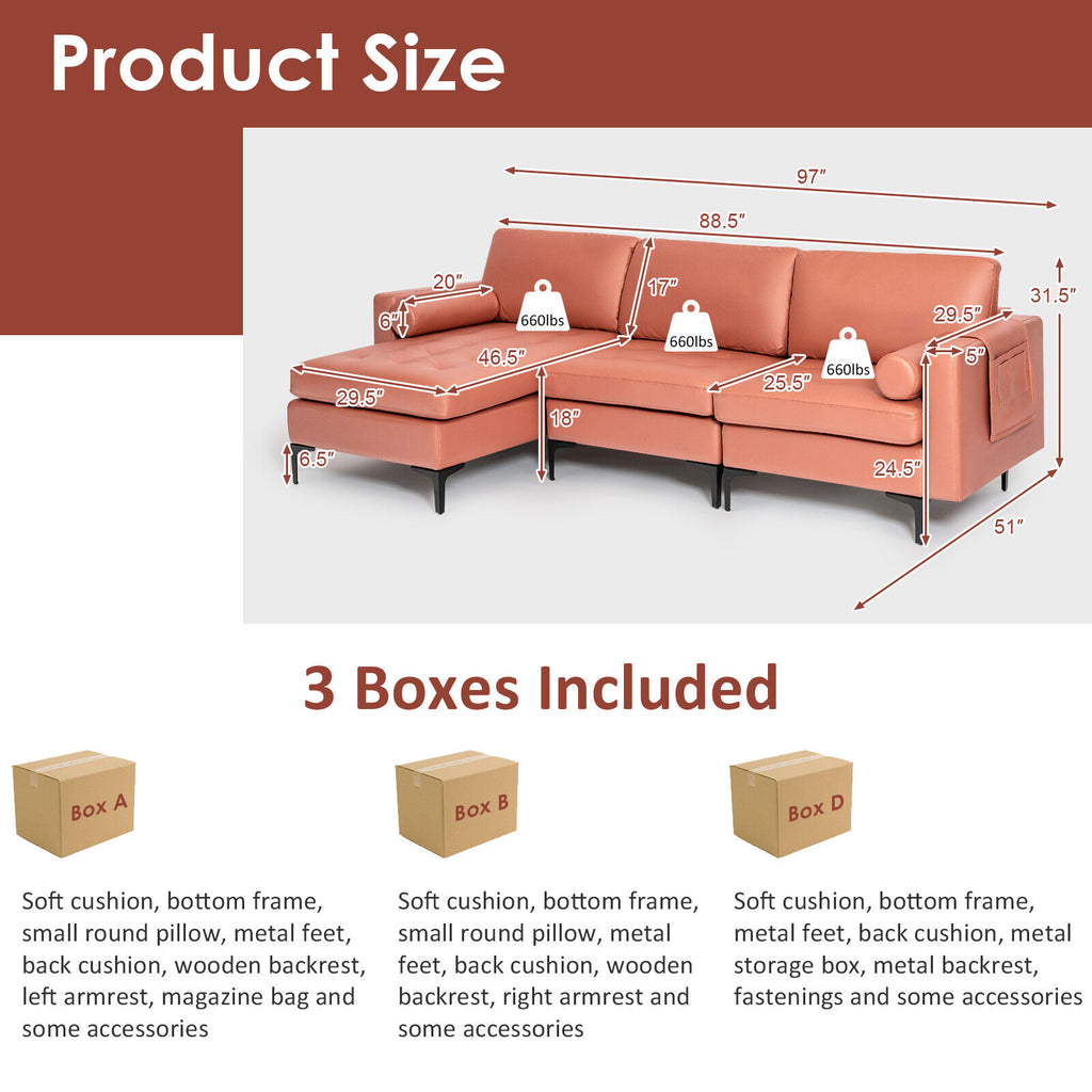 Modular L-Shaped 3-Seat Sectional Sofa with Reversible Chaise, Pink