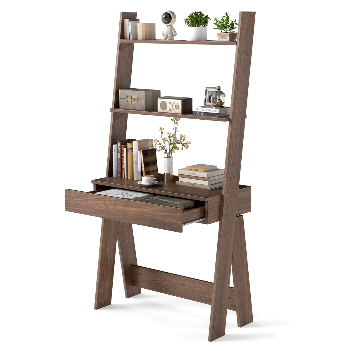 Ladder Shelf Desk with Pull-out Drawer and Anti-Toppling Device