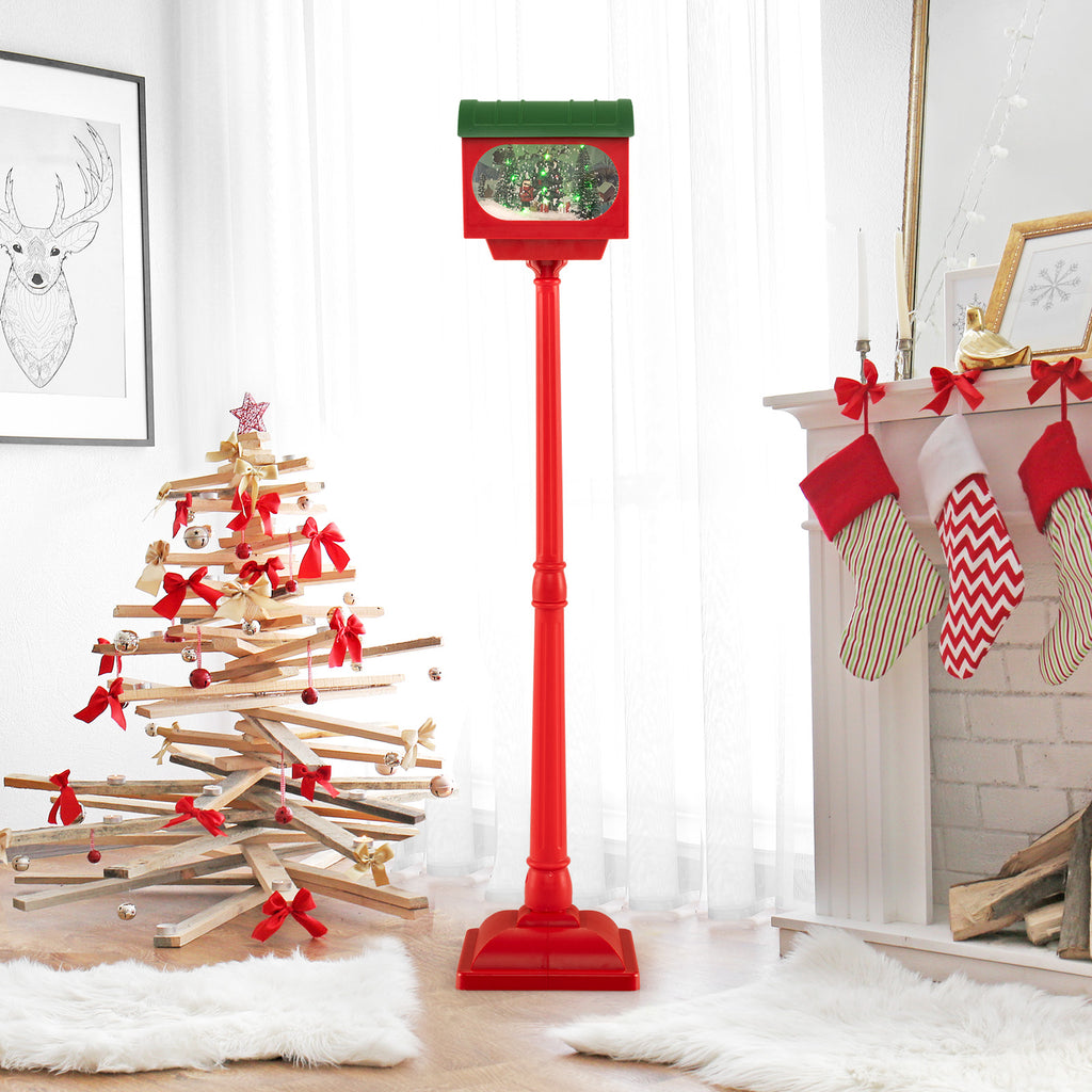 59 Inch Christmas Street Lamp with Sound-Activated Snow Globe Lantern - Red Variation