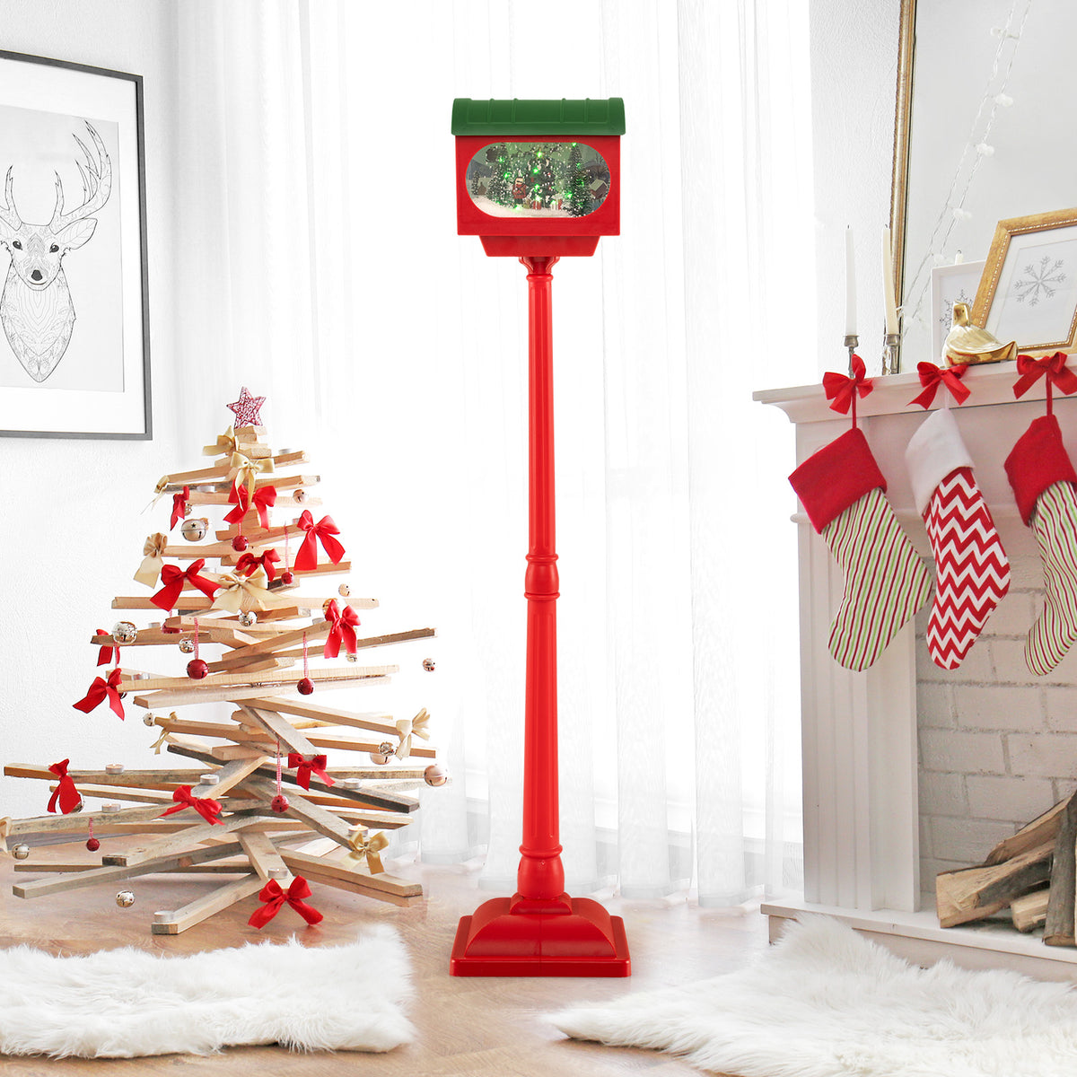 59 Inch Christmas Street Lamp with Sound-Activated Snow Globe Lantern - Red Variation