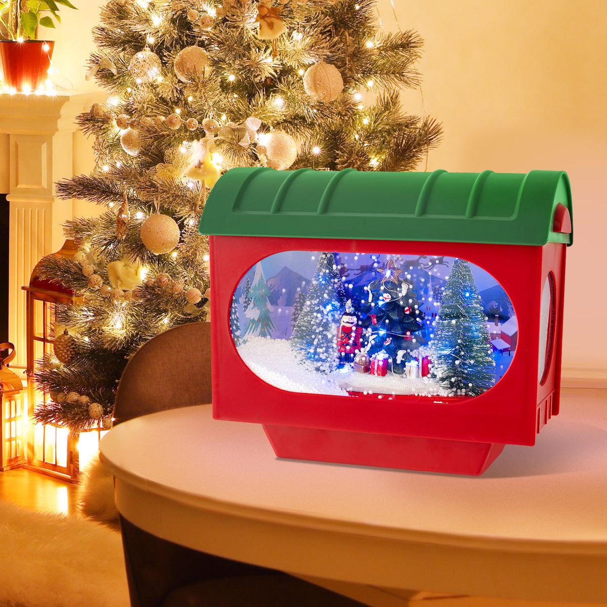 59 Inch Christmas Street Lamp with Sound-Activated Snow Globe Lantern - Red Variation