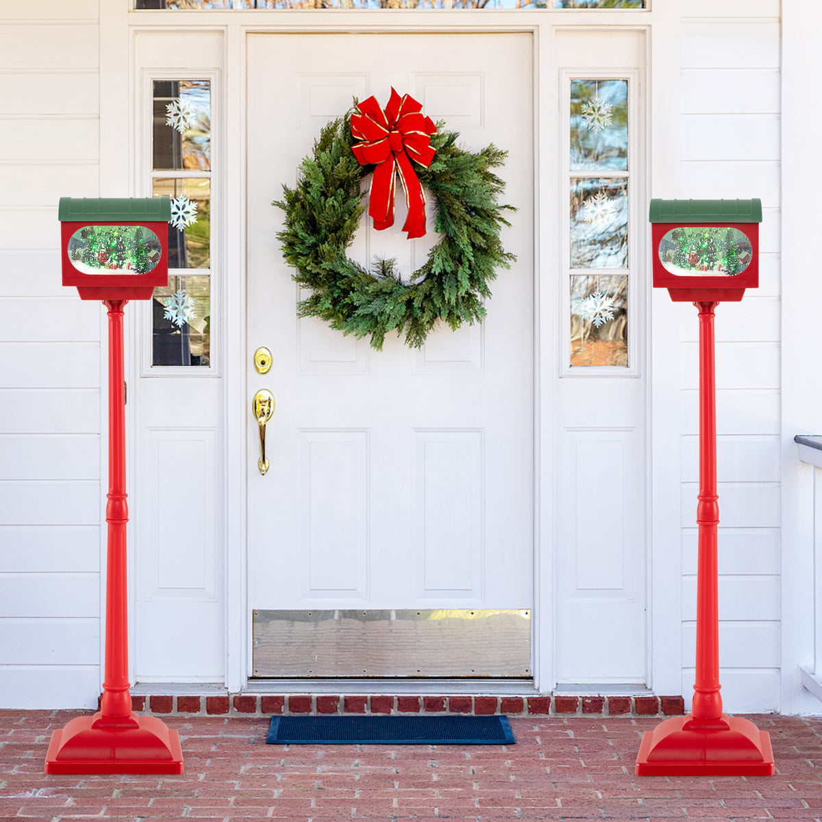 59 Inch Christmas Street Lamp with Sound-Activated Snow Globe Lantern - Red Variation