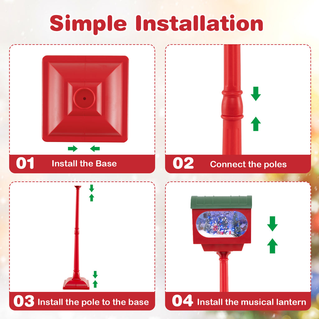 59 Inch Christmas Street Lamp with Sound-Activated Snow Globe Lantern - Red Variation
