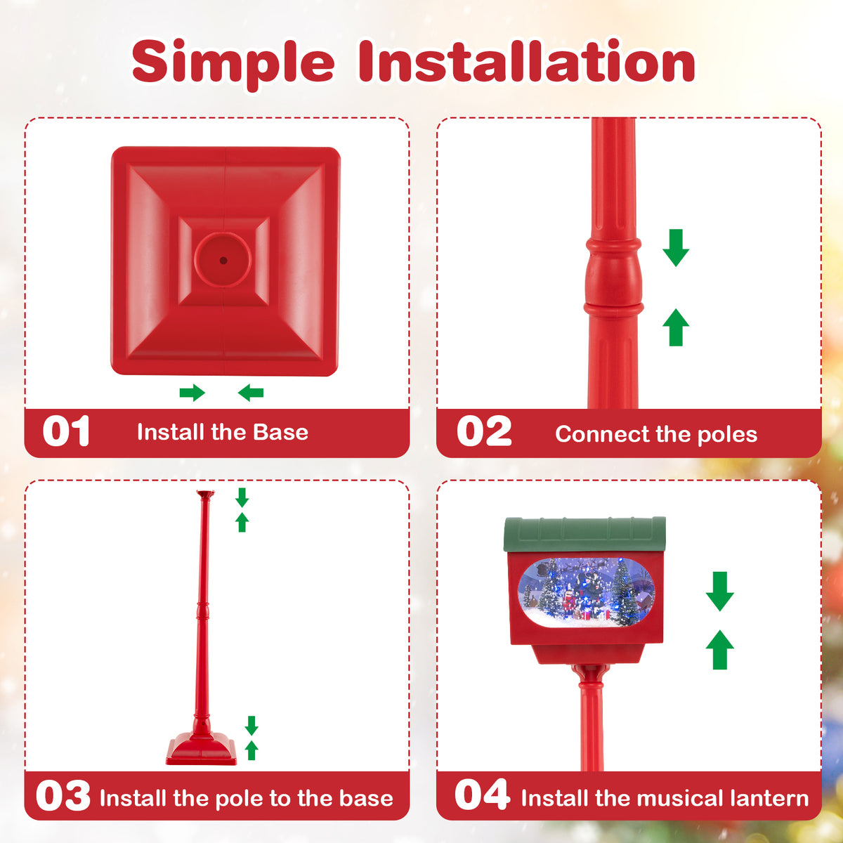 59 Inch Christmas Street Lamp with Sound-Activated Snow Globe Lantern - Red Variation