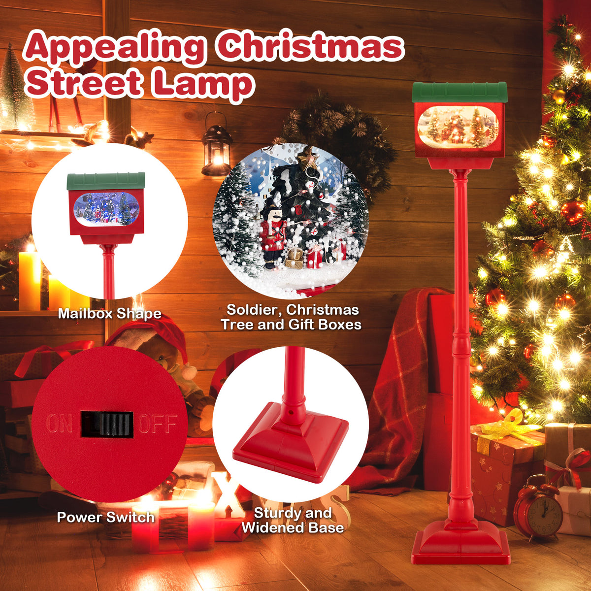 59 Inch Christmas Street Lamp with Sound-Activated Snow Globe Lantern - Red Variation