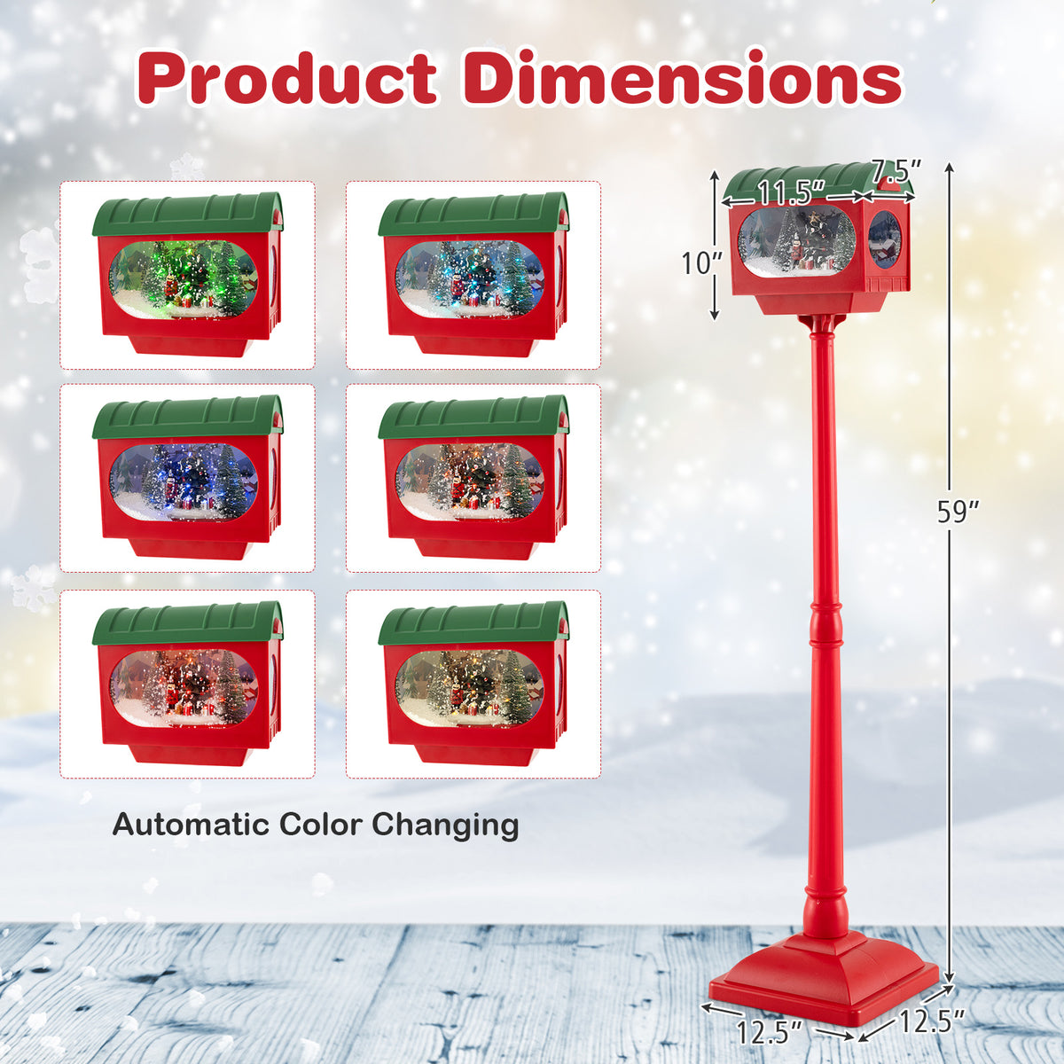 59 Inch Christmas Street Lamp with Sound-Activated Snow Globe Lantern - Red Variation