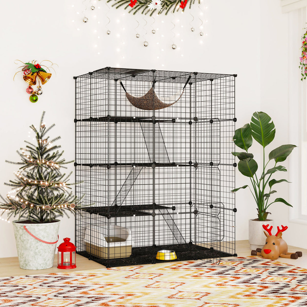 Large 4-Tier Cat Cage with Skylight and Hammock - Black
