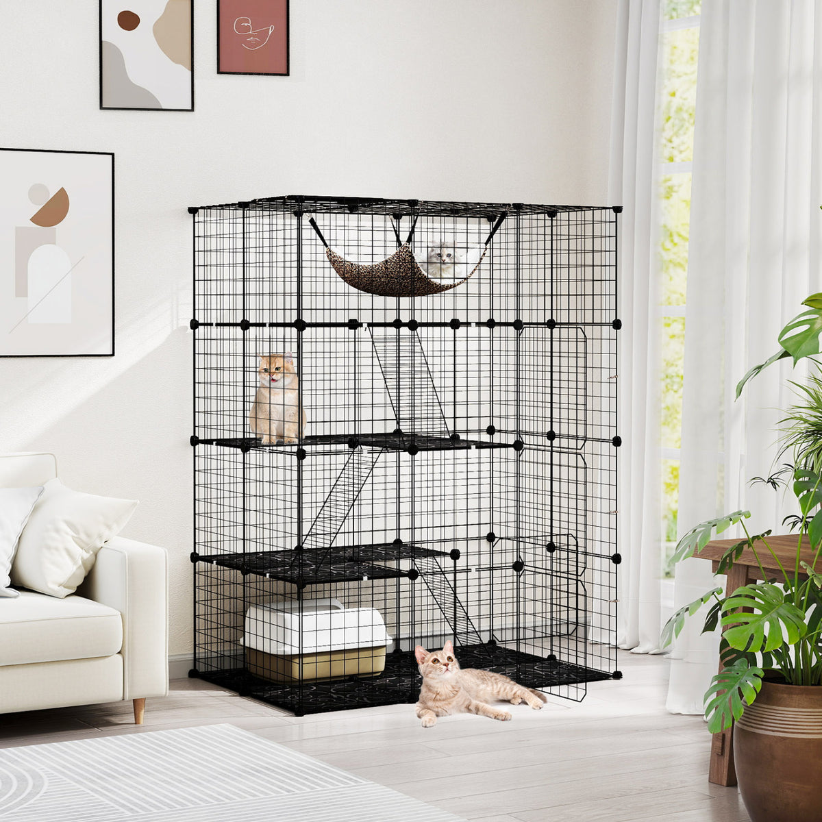 Large 4-Tier Cat Cage with Skylight and Hammock - Black