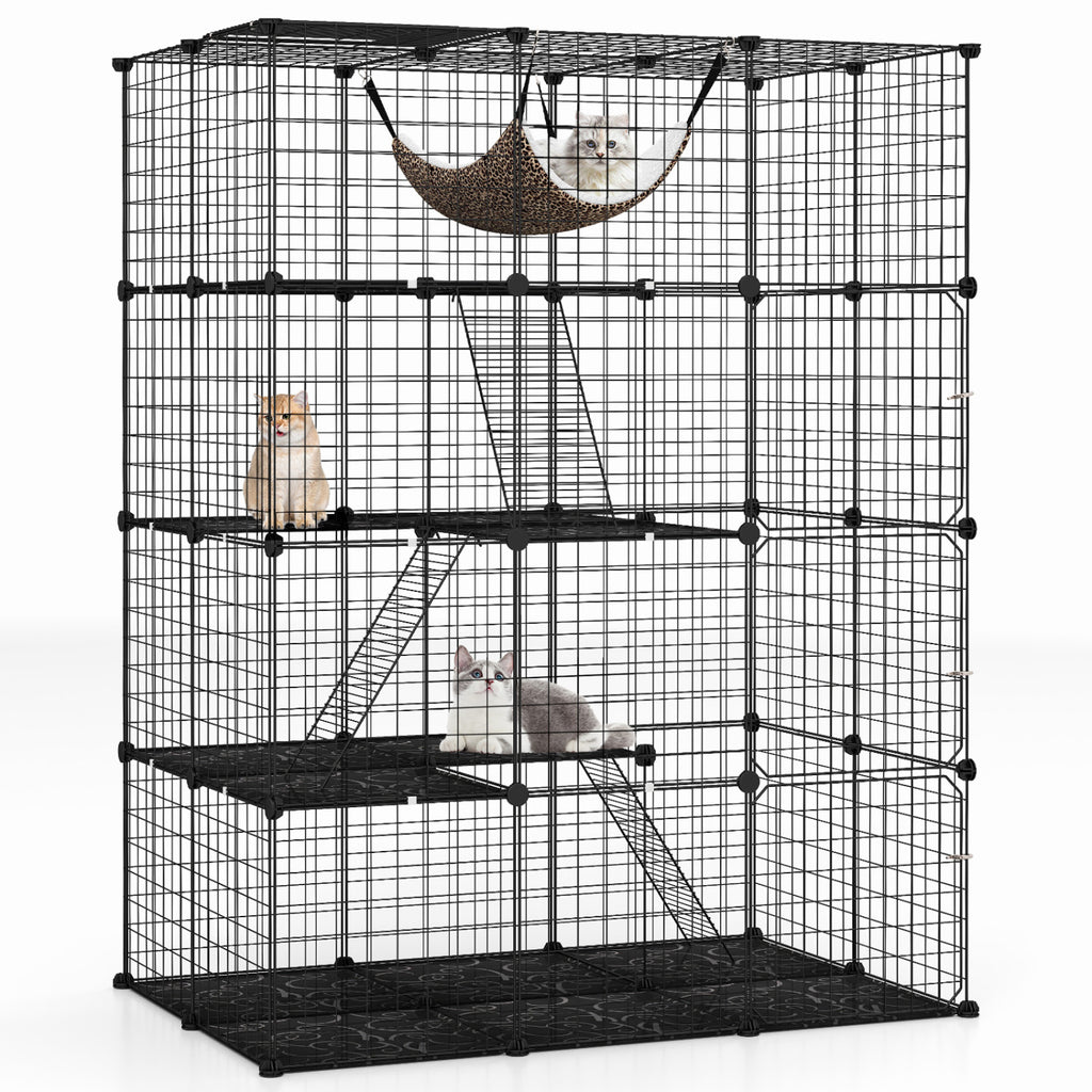 Large 4-Tier Cat Cage with Skylight and Hammock - Black