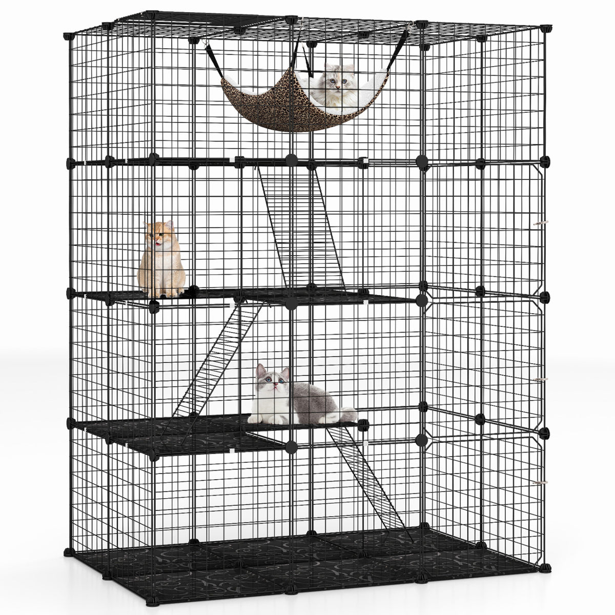 Large 4-Tier Cat Cage with Skylight and Hammock - Black