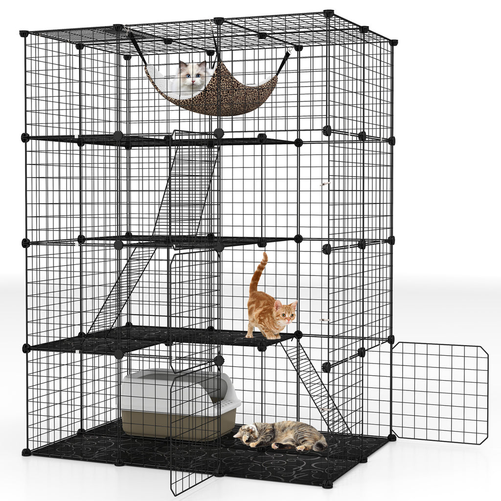 Large 4-Tier Cat Cage with Skylight and Hammock - Black