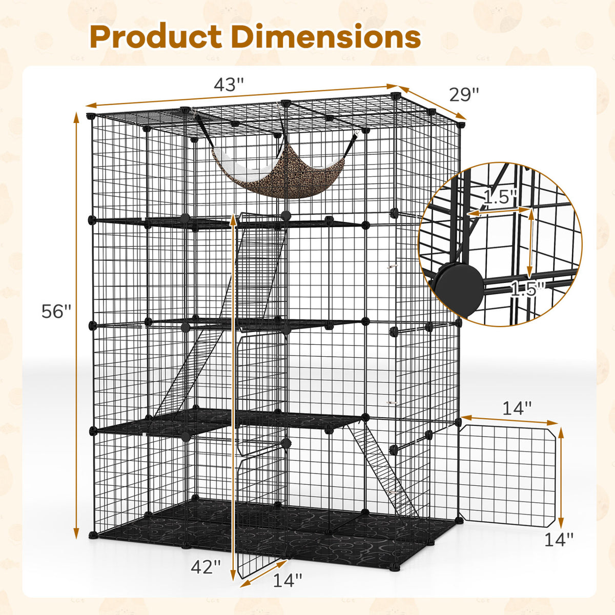 Large 4-Tier Cat Cage with Skylight and Hammock - Black
