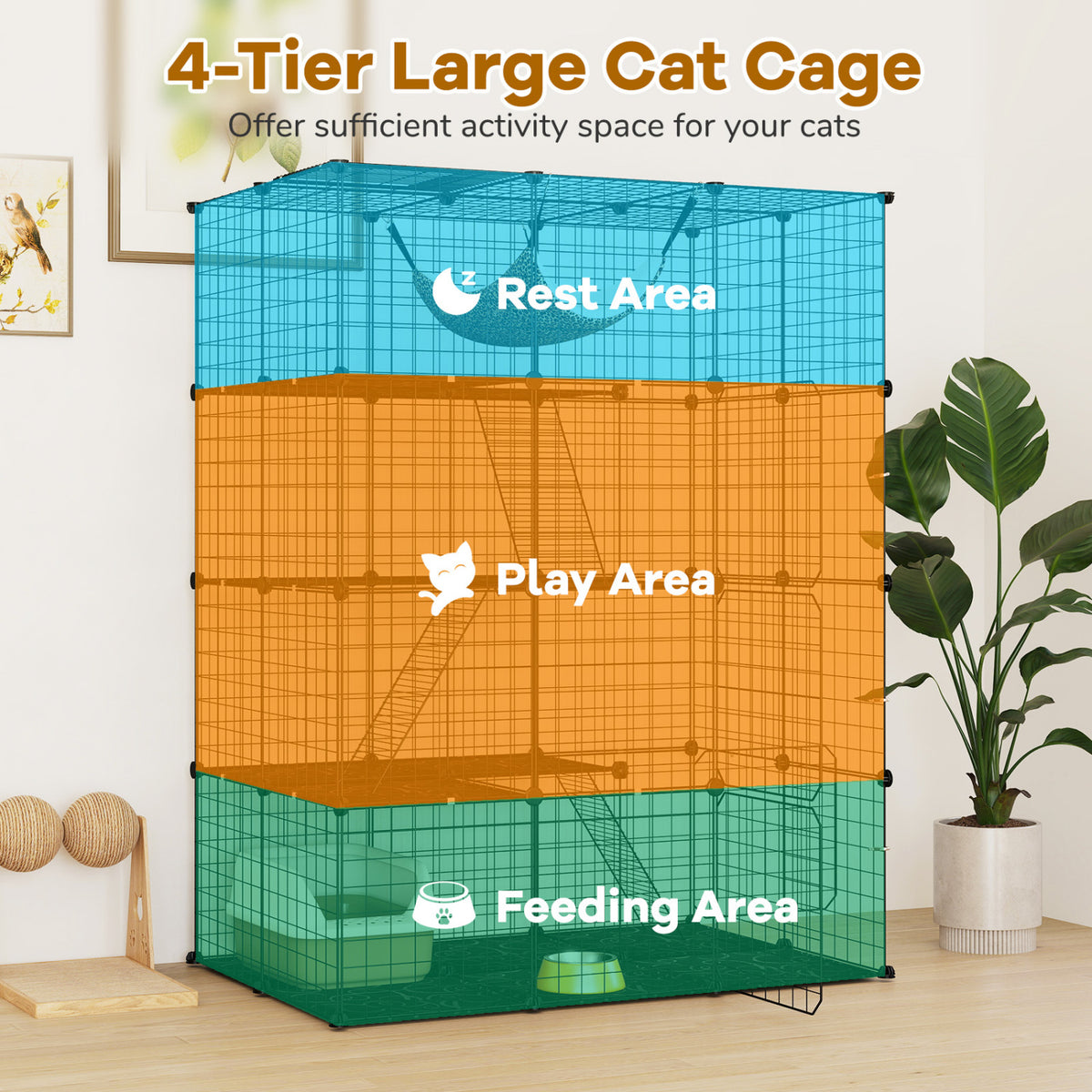 Large 4-Tier Cat Cage with Skylight and Hammock - Black