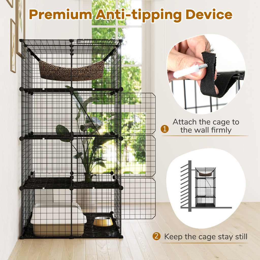 Large 4-Tier Cat Cage with Skylight and Hammock - Black