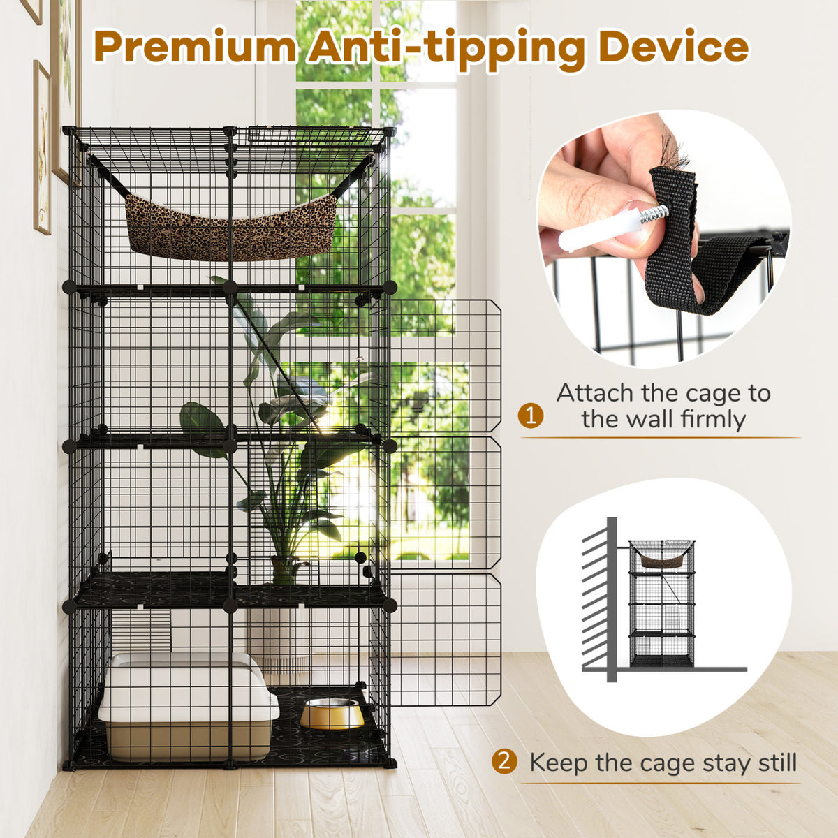 Large 4-Tier Cat Cage with Skylight and Hammock - Black