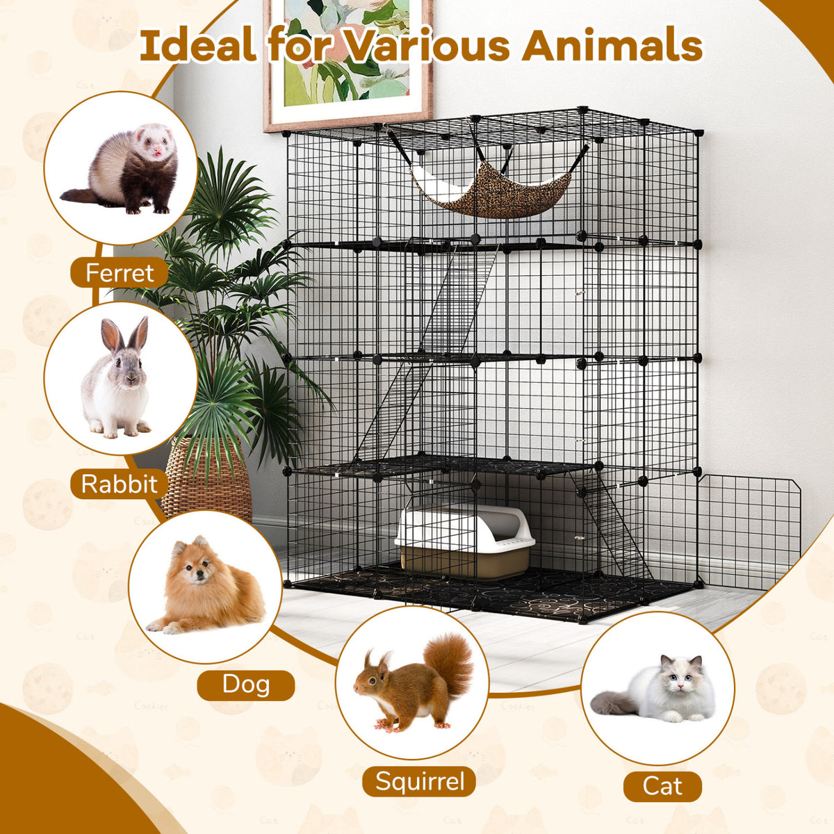 Large 4-Tier Cat Cage with Skylight and Hammock - Black