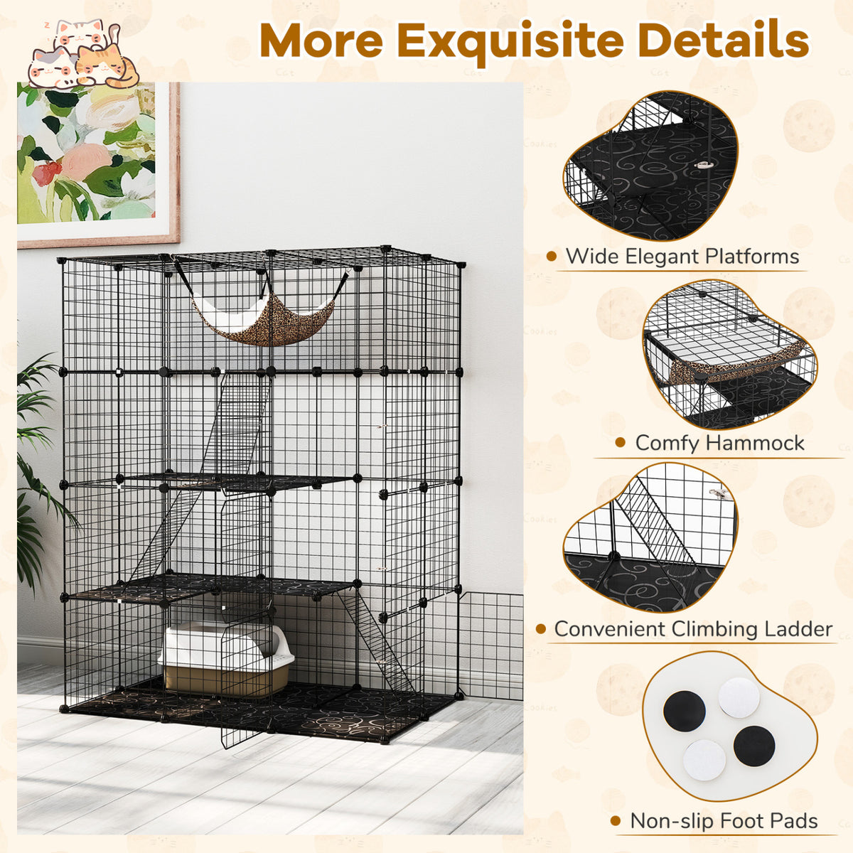 Large 4-Tier Cat Cage with Skylight and Hammock - Black