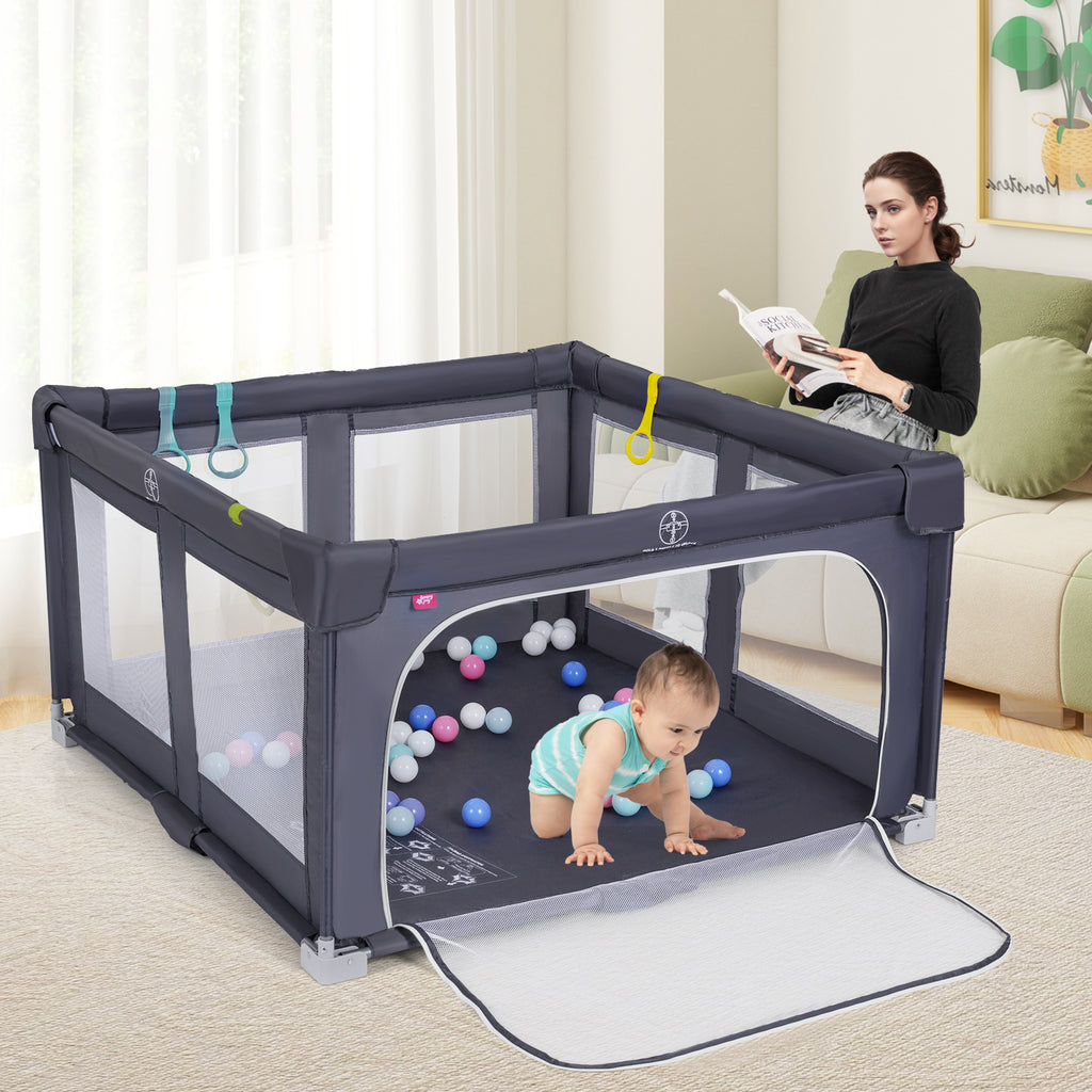 Large Foldable Baby Playpen Safety Fence with Zipper Gate - Dark Gray