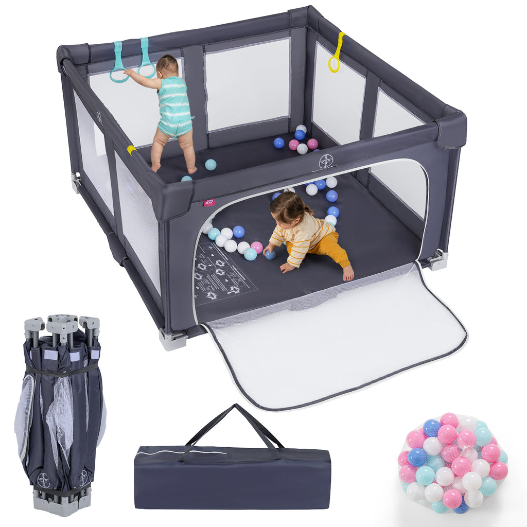 Large Foldable Baby Playpen Safety Fence with Zipper Gate - Dark Gray