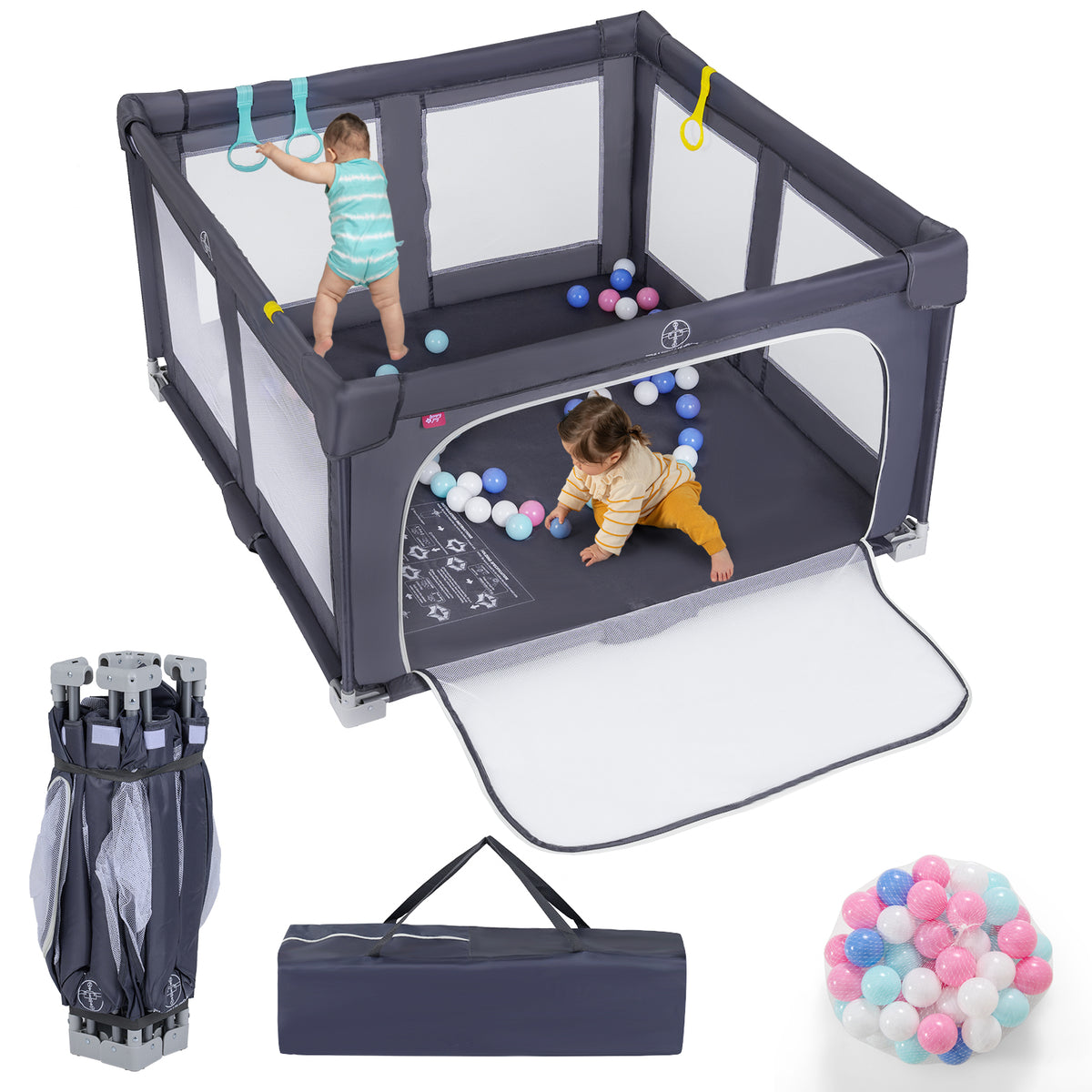 Large Foldable Baby Playpen Safety Fence with Zipper Gate - Dark Gray