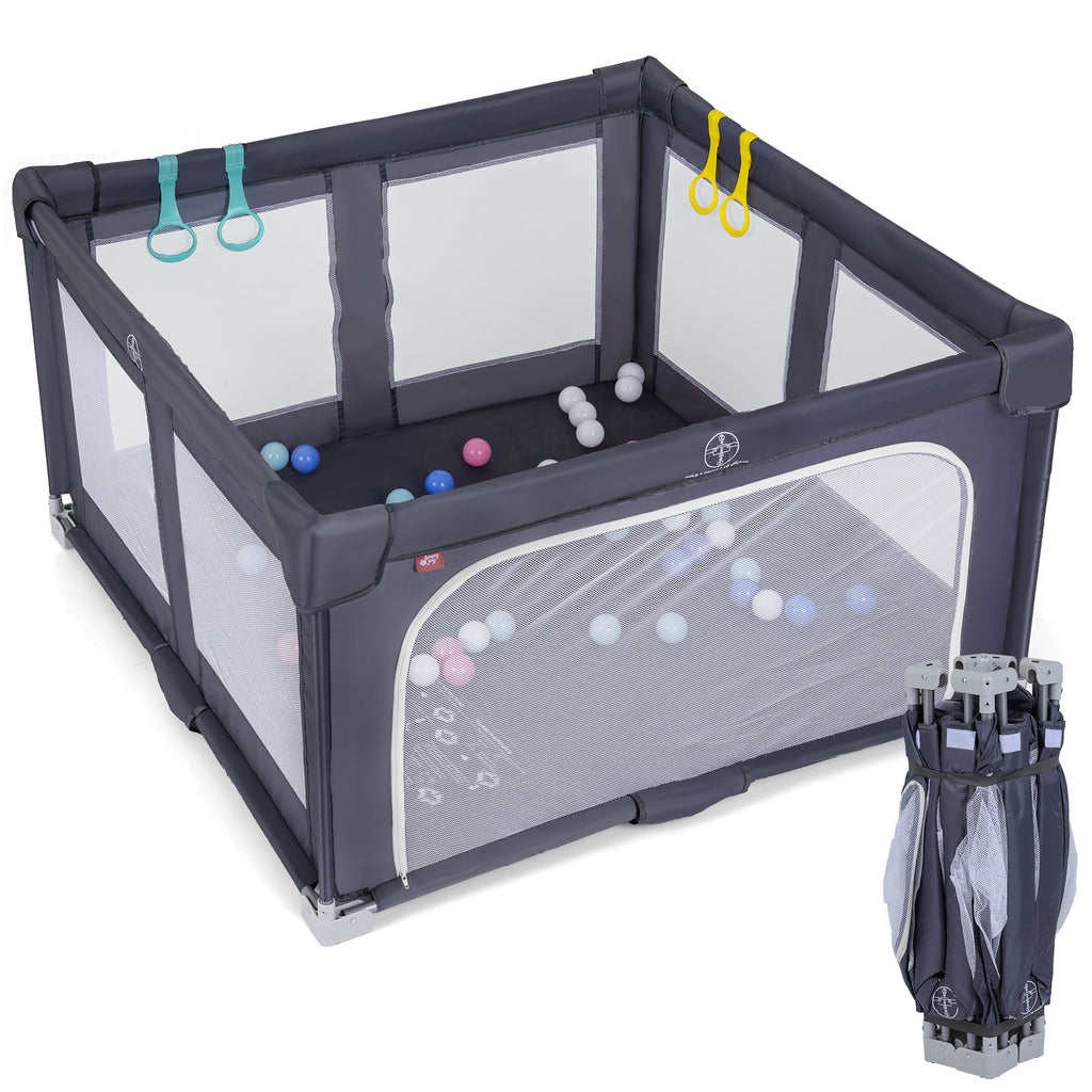 Large Foldable Baby Playpen Safety Fence with Zipper Gate - Dark Gray